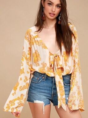 Free People Forties Feels Bodysuit Yellow Floral